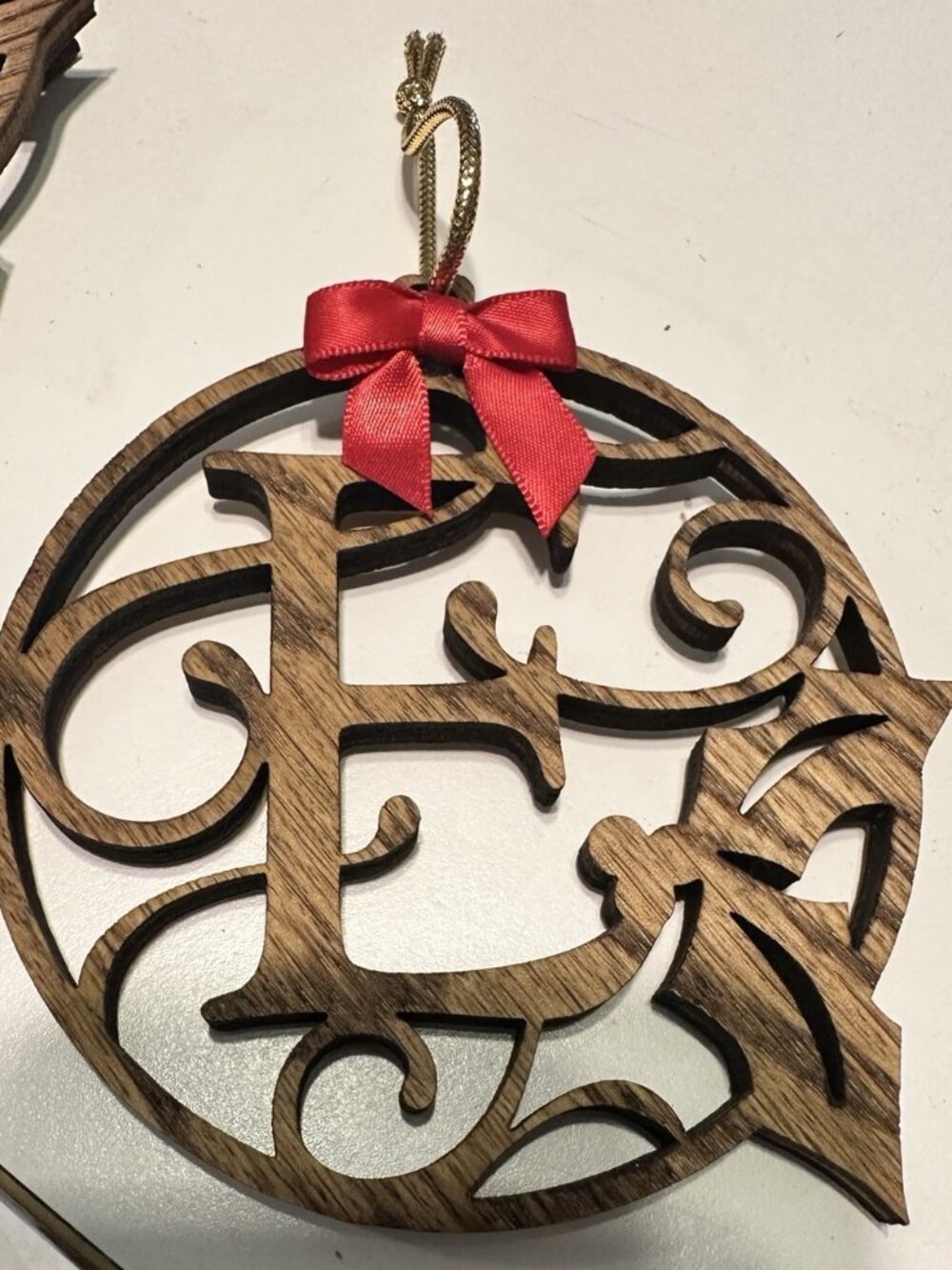 Wood Vine Letter “E” Monogram Wood  Christmas Ornament 4”
